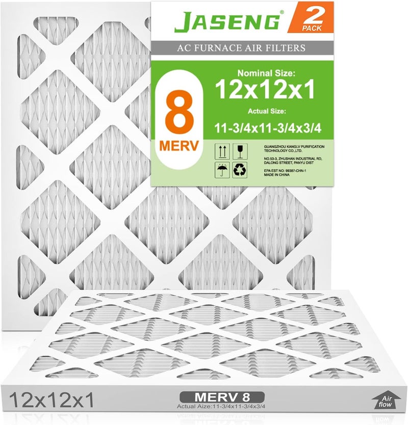 JASENG 12x12x1 AC Furnace Air Filters,(2-Pack) MERV 8 Dust Defense, MPR 600 Pleated HVAC Replacement Air Filter (exact dimensions: 11 3/4"x11 3/4"x3/4") - Image 1
